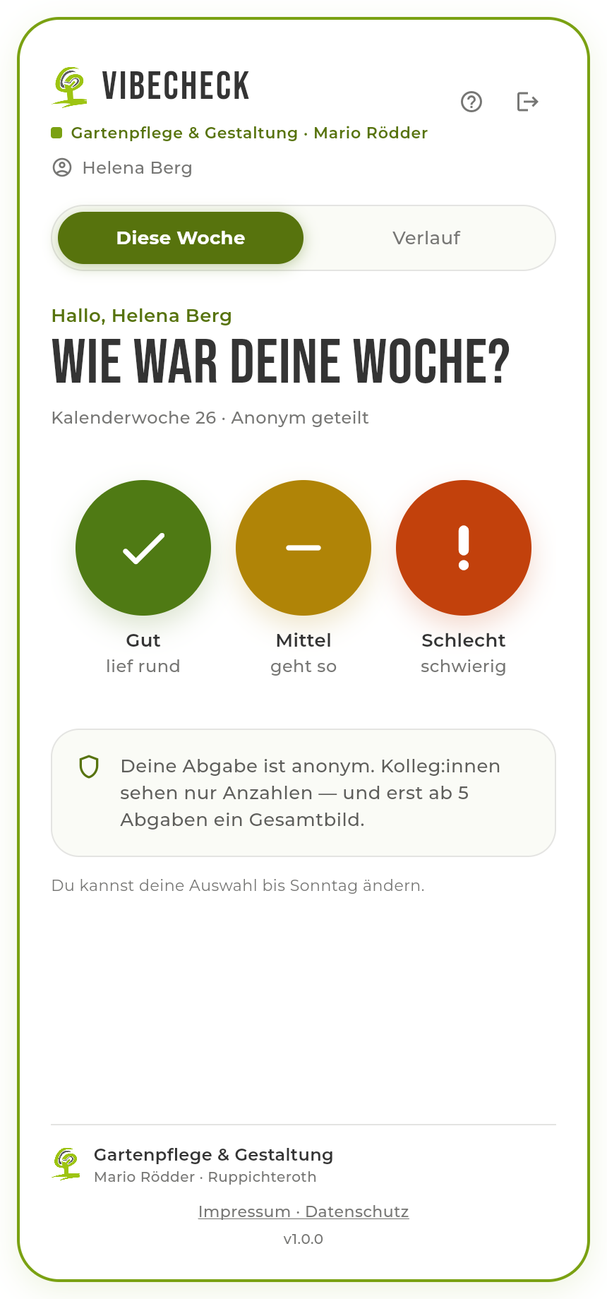 VibeCheck Abgabe-Screen: Gut / Mittel / Schlecht